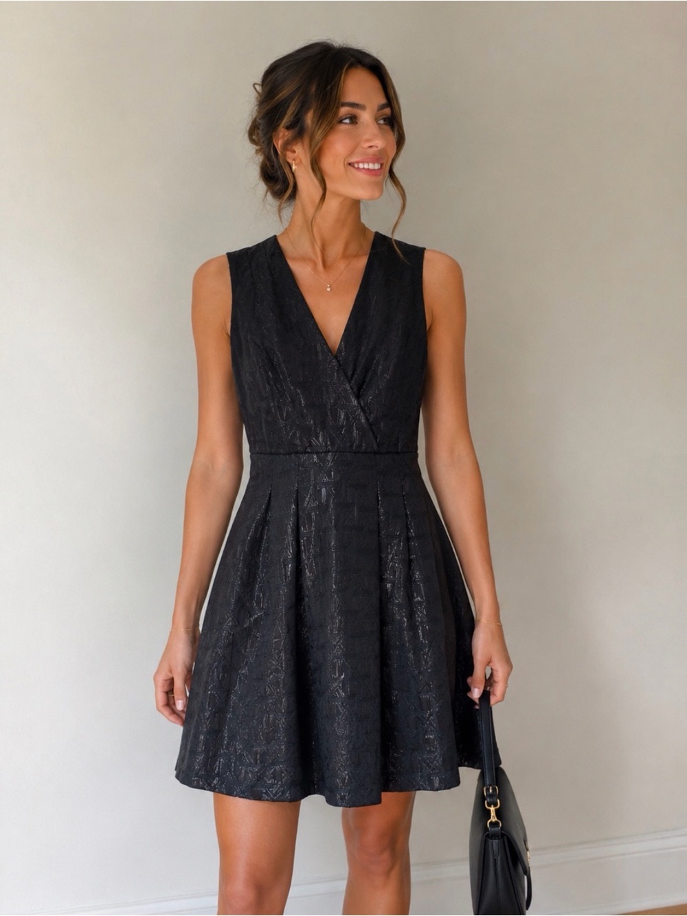 Black Textured Sleeveless V-Neck Mini Dress 
Minimal Chic 
Party dress
Size 6